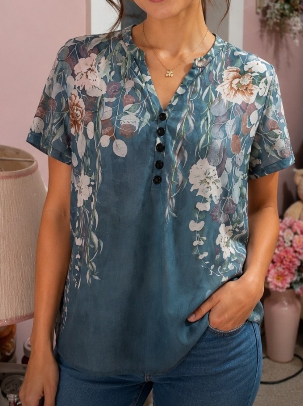 5/$25 Floral V-Neck Short Sleeve Tee in Teal